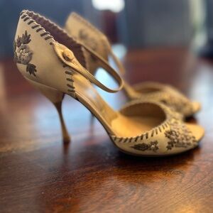 Valentino Garavani 37.5 Yellow Suede Flower Peep Toe Heels Luxury Designer